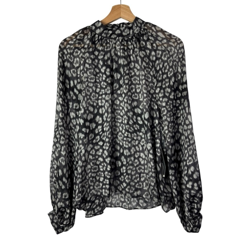 Worthington Dark Gray & White Leopard Print High Neck Long Sleeve Blouse M